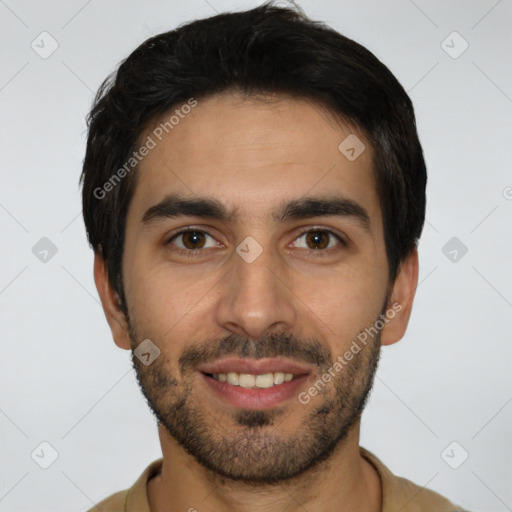 Joyful white young-adult male with short  black hair and brown eyes