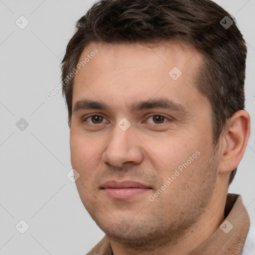 Joyful white young-adult male with short  brown hair and brown eyes