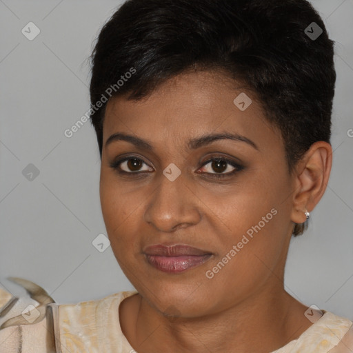 Joyful latino young-adult female with short  brown hair and brown eyes