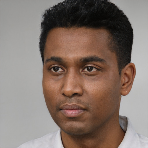 Neutral black young-adult male with short  black hair and brown eyes