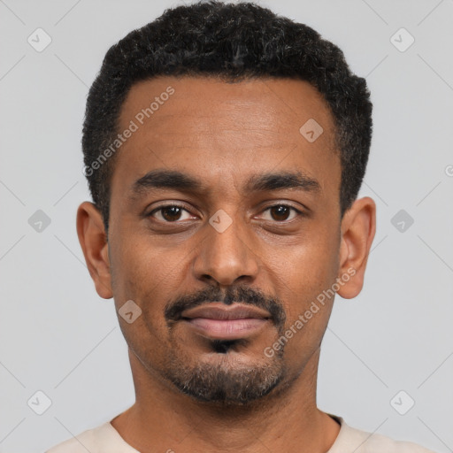 Neutral black young-adult male with short  black hair and brown eyes