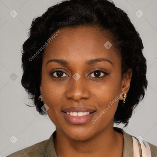 Joyful black young-adult female with medium  black hair and brown eyes