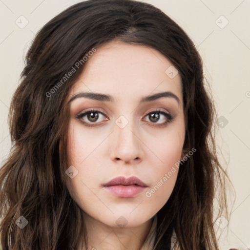 Neutral white young-adult female with long  brown hair and brown eyes