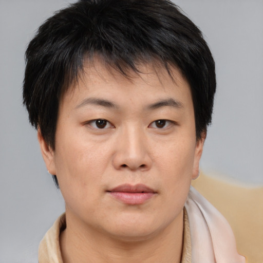Neutral asian young-adult female with short  brown hair and brown eyes