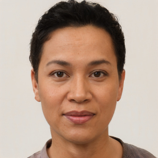 Joyful latino adult female with short  black hair and brown eyes