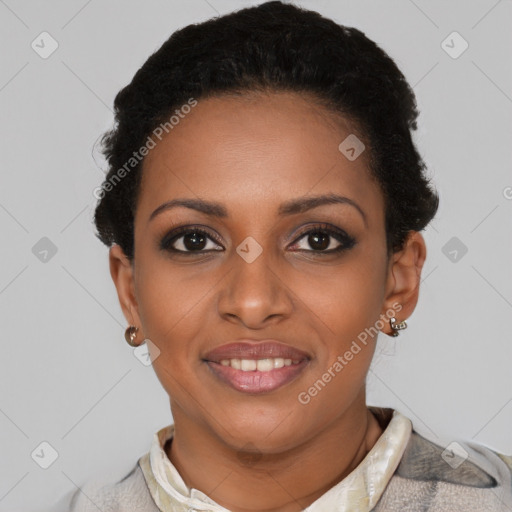 Joyful black young-adult female with short  black hair and brown eyes