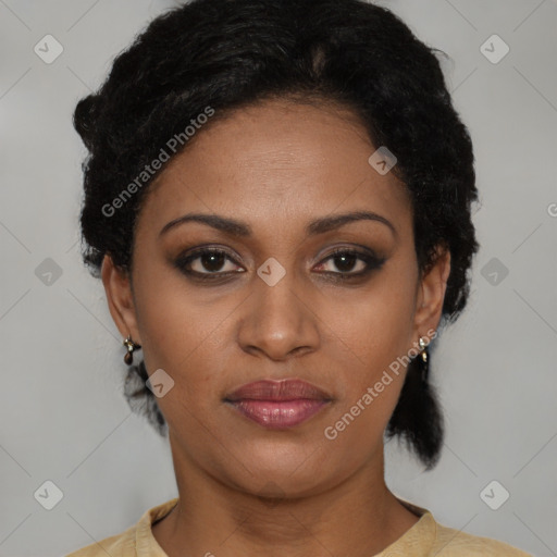 Joyful latino young-adult female with short  black hair and brown eyes