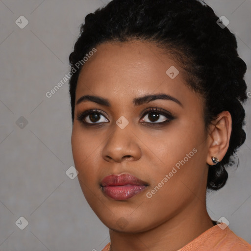 Joyful latino young-adult female with short  black hair and brown eyes