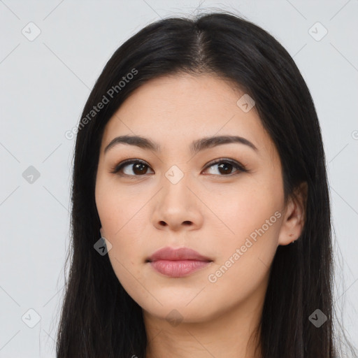 Neutral asian young-adult female with long  black hair and brown eyes