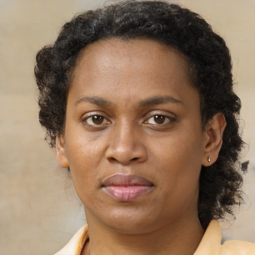 Neutral black adult female with short  brown hair and brown eyes