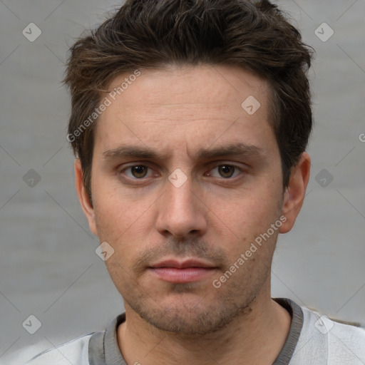 Neutral white young-adult male with short  brown hair and brown eyes