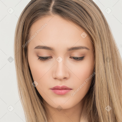 Neutral white young-adult female with long  brown hair and brown eyes