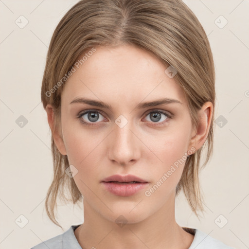 Neutral white young-adult female with medium  brown hair and grey eyes