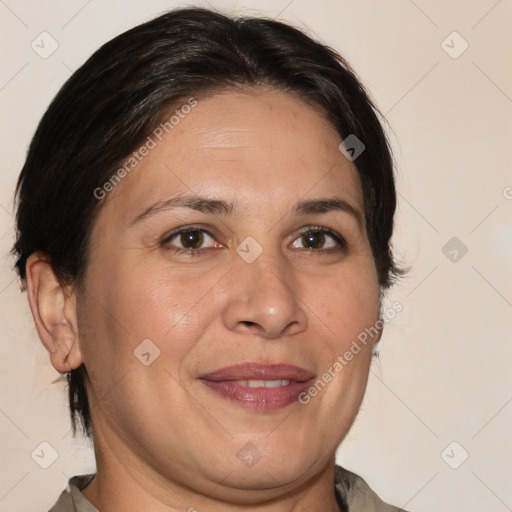 Joyful white adult female with medium  brown hair and brown eyes