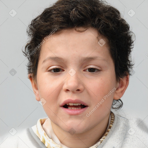 Joyful white child female with short  brown hair and brown eyes