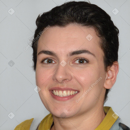 Joyful white young-adult female with short  brown hair and brown eyes