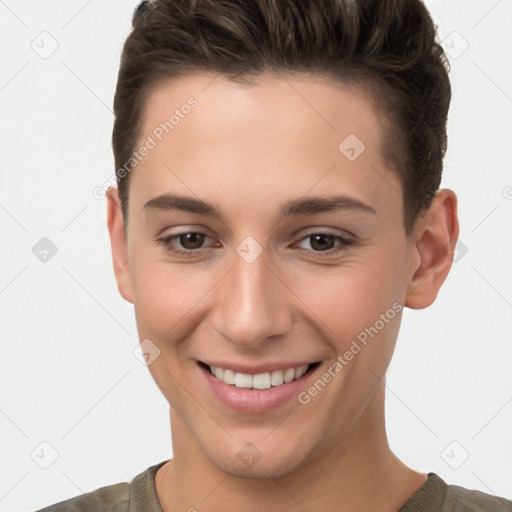 Joyful white young-adult female with short  brown hair and brown eyes