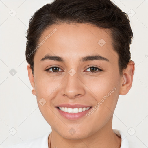 Joyful white young-adult female with short  brown hair and brown eyes