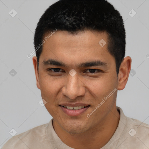 Joyful asian young-adult male with short  black hair and brown eyes