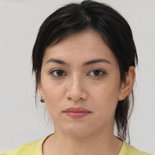 Neutral white young-adult female with medium  brown hair and brown eyes