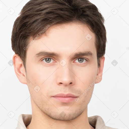 Neutral white young-adult male with short  brown hair and grey eyes