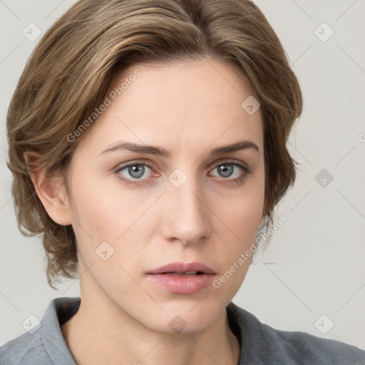 Neutral white young-adult female with medium  brown hair and grey eyes