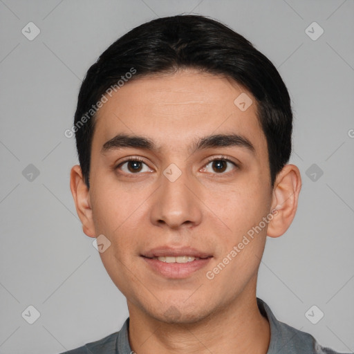 Joyful white young-adult male with short  black hair and brown eyes