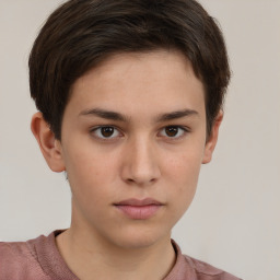 Neutral white young-adult female with short  brown hair and brown eyes