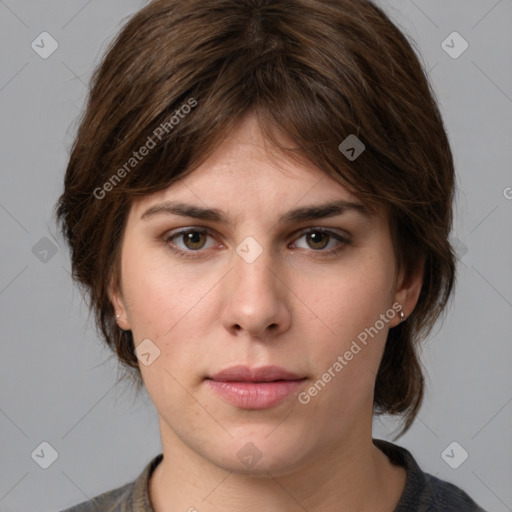 Neutral white young-adult female with medium  brown hair and grey eyes