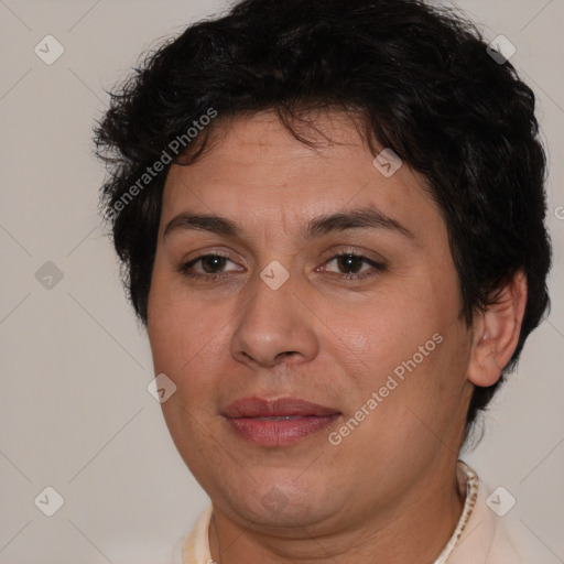 Joyful white adult female with short  brown hair and brown eyes