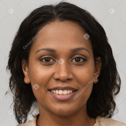 Joyful black young-adult female with medium  brown hair and brown eyes