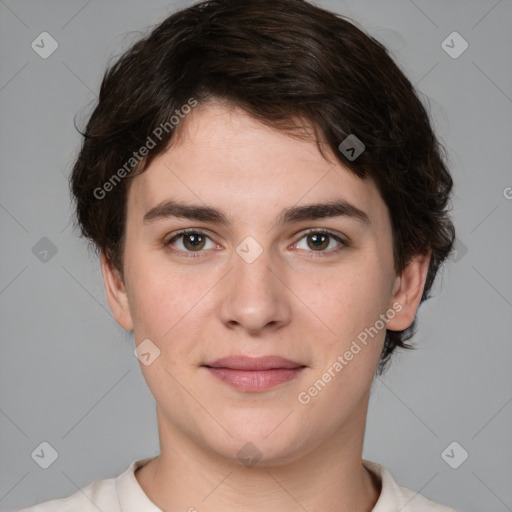 Joyful white young-adult male with medium  brown hair and brown eyes