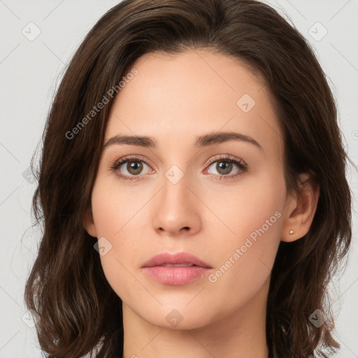 Neutral white young-adult female with medium  brown hair and brown eyes