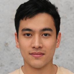 Neutral asian young-adult male with short  black hair and brown eyes