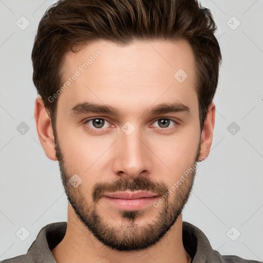 Neutral white young-adult male with short  brown hair and brown eyes