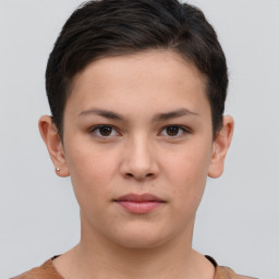 Neutral white young-adult female with short  brown hair and brown eyes