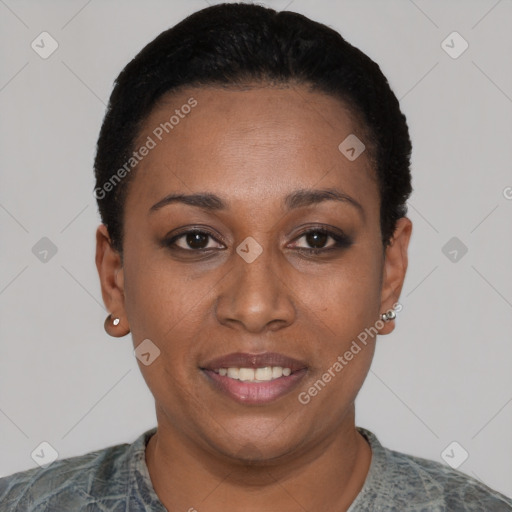 Joyful black young-adult female with short  black hair and brown eyes