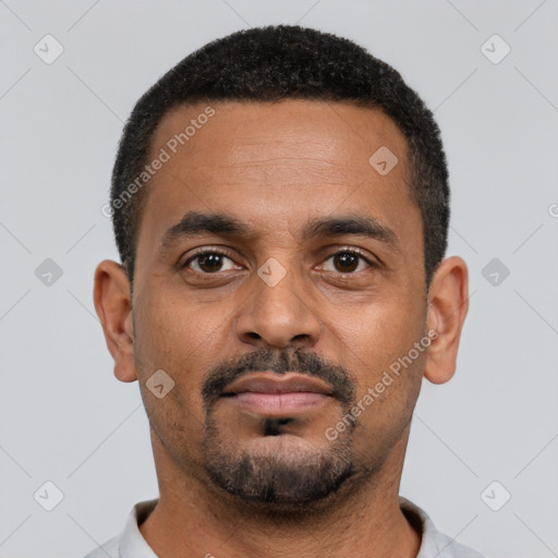 Neutral black young-adult male with short  black hair and brown eyes
