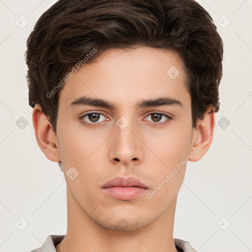 Neutral white young-adult male with short  brown hair and brown eyes