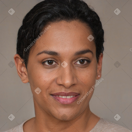 Joyful latino young-adult female with short  brown hair and brown eyes