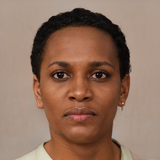 Neutral black young-adult female with short  black hair and brown eyes