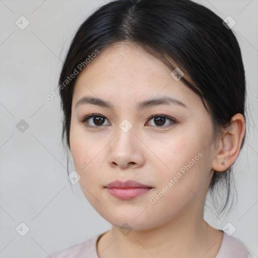 Neutral white young-adult female with medium  brown hair and brown eyes