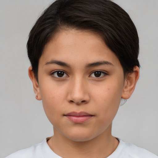 Neutral white young-adult female with short  brown hair and brown eyes