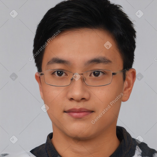 Neutral asian young-adult male with short  black hair and brown eyes