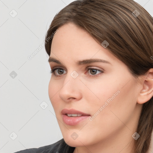 Neutral white young-adult female with medium  brown hair and brown eyes