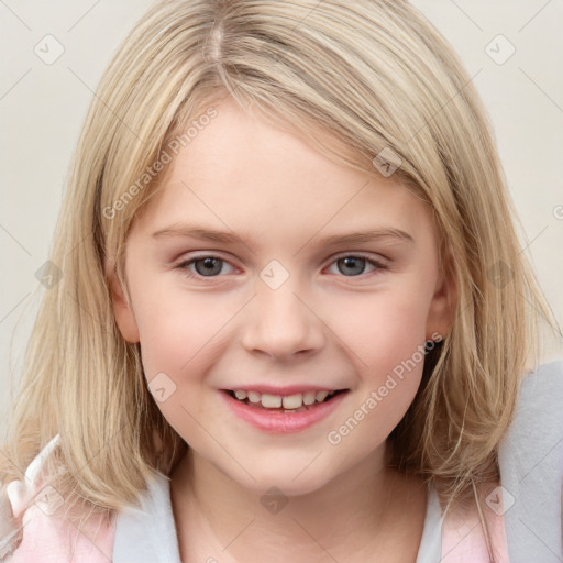 Joyful white child female with medium  brown hair and grey eyes