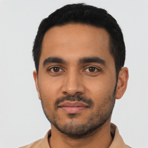 Neutral latino young-adult male with short  black hair and brown eyes