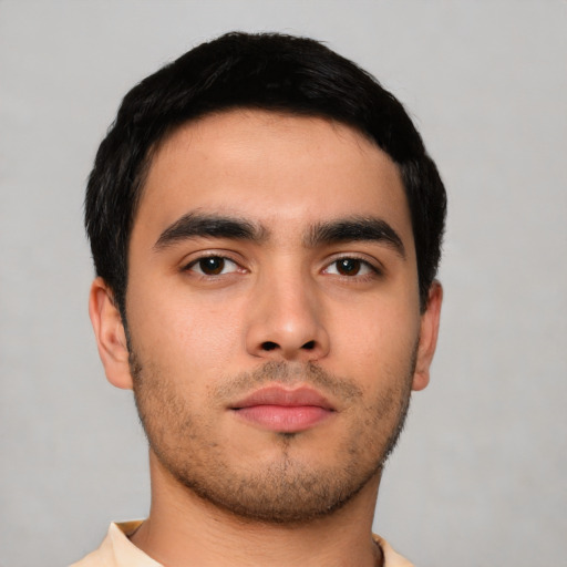 Neutral asian young-adult male with short  black hair and brown eyes
