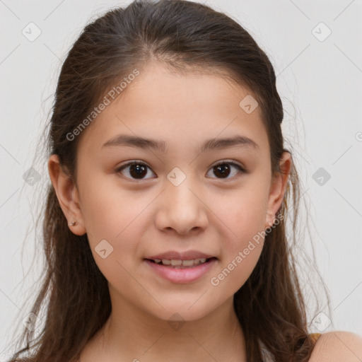 Joyful white child female with medium  brown hair and brown eyes