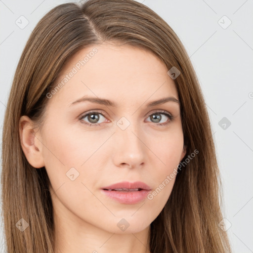 Neutral white young-adult female with long  brown hair and brown eyes